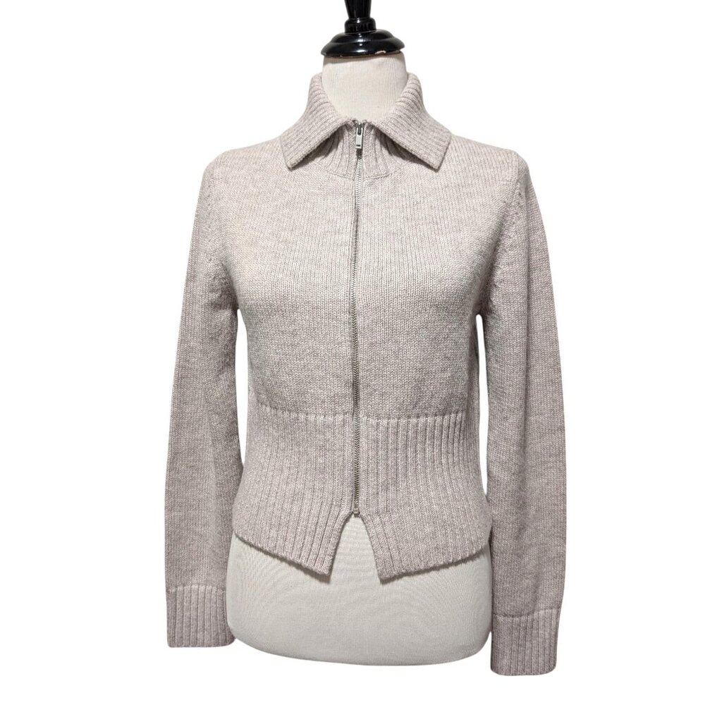 COS Womens Sz S Beige 100% Wool Full Zip Crop Foldover Collar Cardigan Sweater